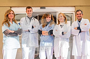 Portrait of medical team in the hospital entrance