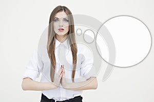 Portrait of meditating business woman on white copyspace and bubble