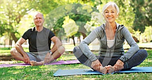 Portrait, meditation and senior couple in a park, yoga and happiness with exercise, zen or workout. Face, mature man or