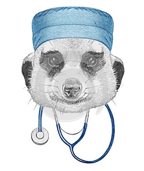 Portrait of Meerkat with doctor cap and stethoscope. Hand-drawn illustration.