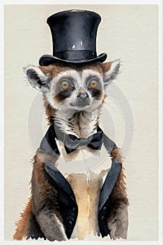 Portrait of meerkat in frock coat with butterfly and top hat on grey background. Cute young animal stands importantly photo
