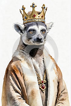 Portrait of meerkat king wearing crown and royal beige ermine robe on white background. Cute young animal stands importantly photo