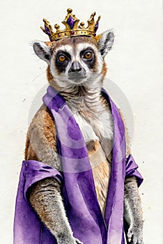 Portrait of meerkat king wearing crown and royal purple robe on white background. Cute young animal stands importantly photo