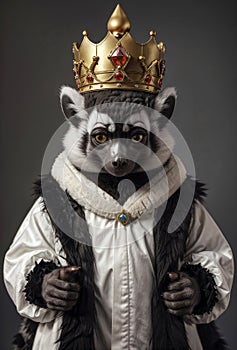 Portrait of meerkat king wearing crown and royal robe on grey background. Cute young animal stands importantly photo