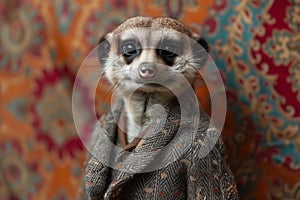 Portrait of a meerkat in stylish vintage clothes in a retro interior