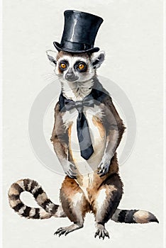 Portrait of meerkat in tie and top hat on white background. Cute young animal stands importantly photo