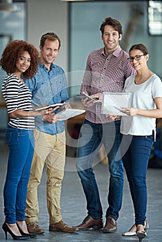 Portrait of meeting group of business colleagues planning, brainstorming ideas or discussing strategy on technology or