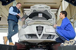 portrait men inspecting car photo