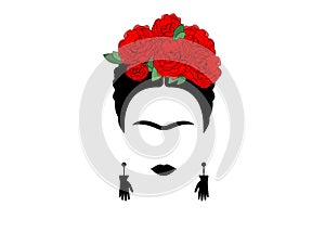 Portrait of Mexican or Spanish woman minimalist Frida with earrings hands and red flowers, vector isolated photo