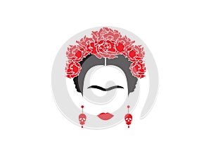 Portrait of Mexican or Spanish woman minimalist Frida Kahlo with earrings skulls and red flowers , isolated