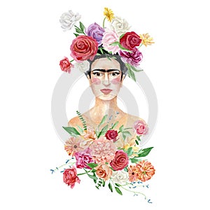Portrait of a Mexican woman with bright bouquets. Women figure with Flowers. Beautiful girl with a floral. Female art illustration