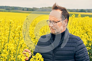 Portrait of middle age farmer looking at colza flowers