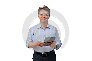 Portrait of a middle-aged Asian male businessman in his 50s wearing a blue shirt