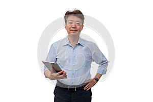 Portrait of a middle-aged Asian male businessman in his 50s wearing a blue shirt