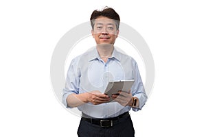 Portrait of a middle-aged Asian male businessman in his 50s wearing a blue shirt