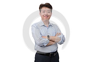 Portrait of a middle-aged Asian male businessman in his 50s wearing a blue shirt