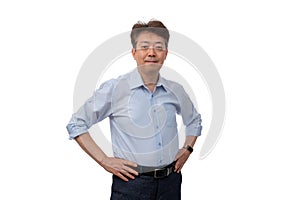 Portrait of a middle-aged Asian male businessman in his 50s wearing a blue shirt