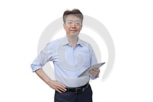 Portrait of a middle-aged Asian male businessman in his 50s wearing a blue shirt