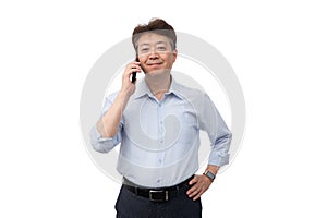 Portrait of a middle-aged Asian male businessman in his 50s wearing a blue shirt