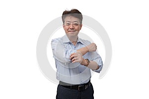 Portrait of a middle-aged Asian male businessman in his 50s wearing a blue shirt