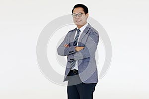 Portrait of middle aged boss look Asian businessman wearing eyesglasses on white background