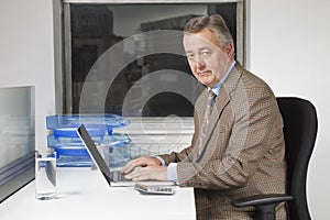 Portrait of middle-aged businessman using laptop at desk in office