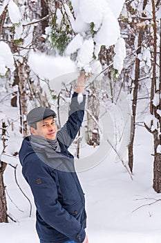 Portrait of middle-aged man having fun while shaking snow from tree branches in winter forest after snowfall. Winter holidays,