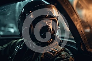 portrait of military pilot in cockpit of a modern fighter. Generative AI