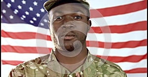 Portrait of military soldier singing a national anthem