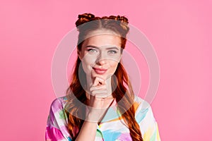 Portrait of minded intelligent woman with foxy hairstyle wear print shirt hold finger on chin thinking isolated on pink