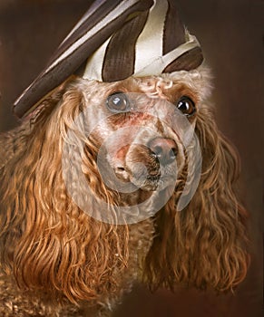 Portrait of Miniature Poodle in hat.