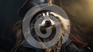 A portrait of a mischievous raccoon wearing an adventurer\'s cap,