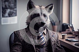 Portrait of a mocking hyena businessman with animal printed suit at the office
