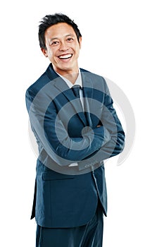 Portrait, mockup and an asian business man in studio isolated on a white background standing arms crossed. Happy, smile
