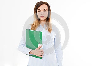 Portrait of modern business woman with cell phone, folder or document case isolated on white background. Girl in shirt. Copy space