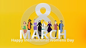 Portrait of modern society female, 8 march international women`s day, various variations of lady`s, together, sisterhood of