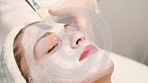 Portrait of moisturizing mask for medical design. Woman skin procedure