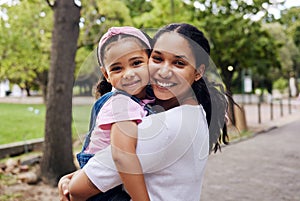 Portrait, mom and child hug in park, fun day outdoor with love and care, happy people together in nature. Family