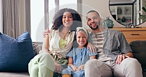 Portrait of mom, dad and kid on couch with smile, love and bonding together in living room of home. Face of happy family