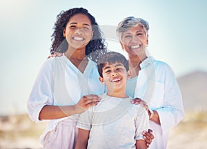 Portrait of mom, grandma and child with smile and happy family bonding together on outdoor vacation. Sun, fun and