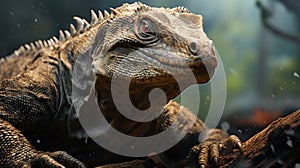 Portrait of monitor lizard like Komodo dragon in green forest, big wild reptile as ancient dinosaur in jungle. Concept of wildlife