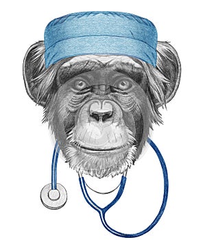 Portrait of Monkey with doctor cap and stethoscope. Hand-drawn illustration.