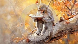 portrait of a monkey sitting on a tree with a book in his hand generative AI