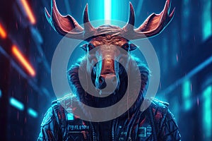 portrait of moose in cyberpunk clothes