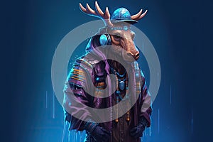 portrait of moose in cyberpunk clothes