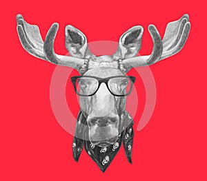 Portrait of Moose with glasses and scarf.