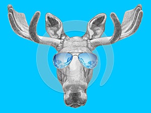 Portrait of Moose with mirror sunglasses.