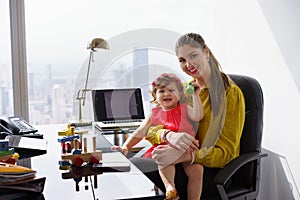 Portrait Mother Business Woman Playing Child At Work