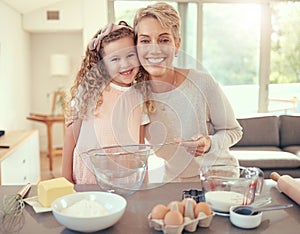Portrait, mother and child baking in a happy family kitchen with young girl learning to bake a cake or cookies at home
