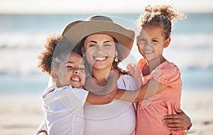 Portrait of mother with child at beach smile, happy and hug with love. Latino woman with children, happy spend time as